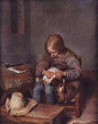 Gerard ter Borch the Younger Knabe floht seinen Hund oil on canvas